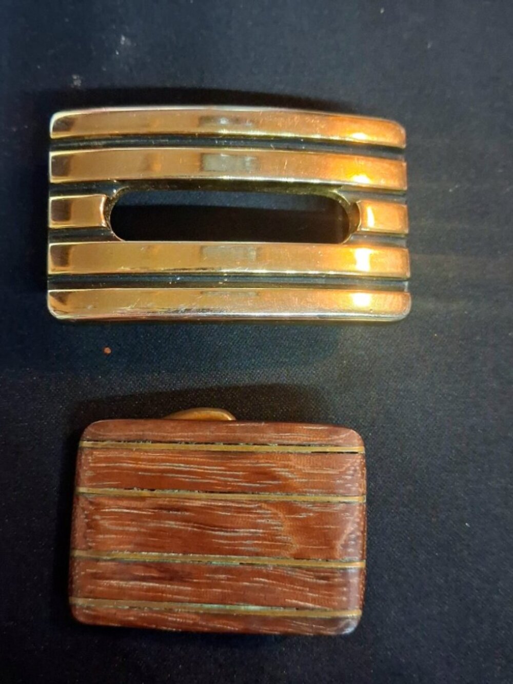 Vintage Solid Brass Belt Buckles Lot 2 Pcs Retro Minimalist Wood Inlay Striped